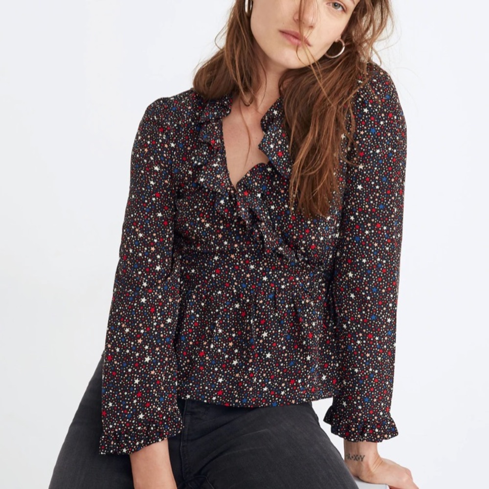 Madewell Silk Ruffle-Hem Wrap Top in Starry Night